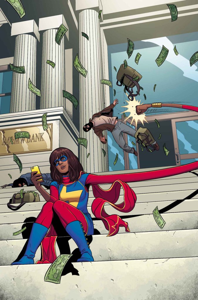 Ms Marvel golpeando a un ladrón